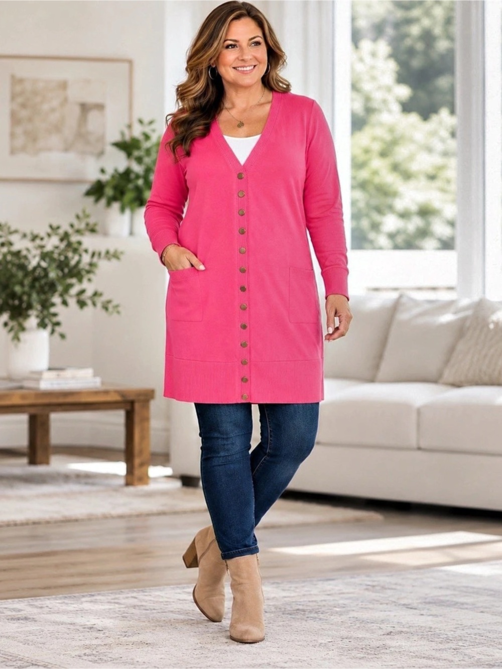 Snap Button Front Long Sleeve Sweater Cardigan Thigh Length Side Pockets